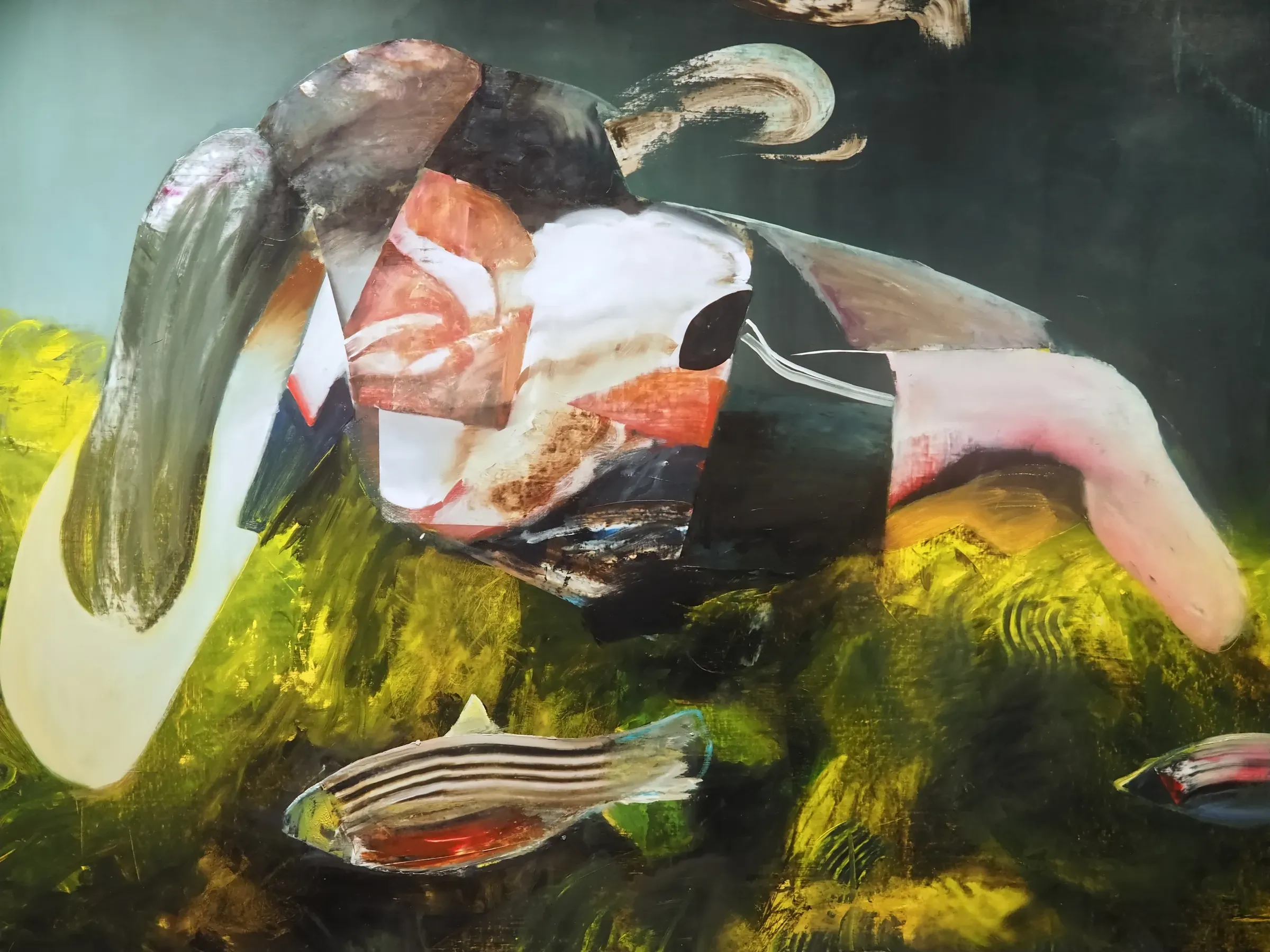 Detail from a painting by Adrian Ghenie, with a figure lying in grass and a fish
