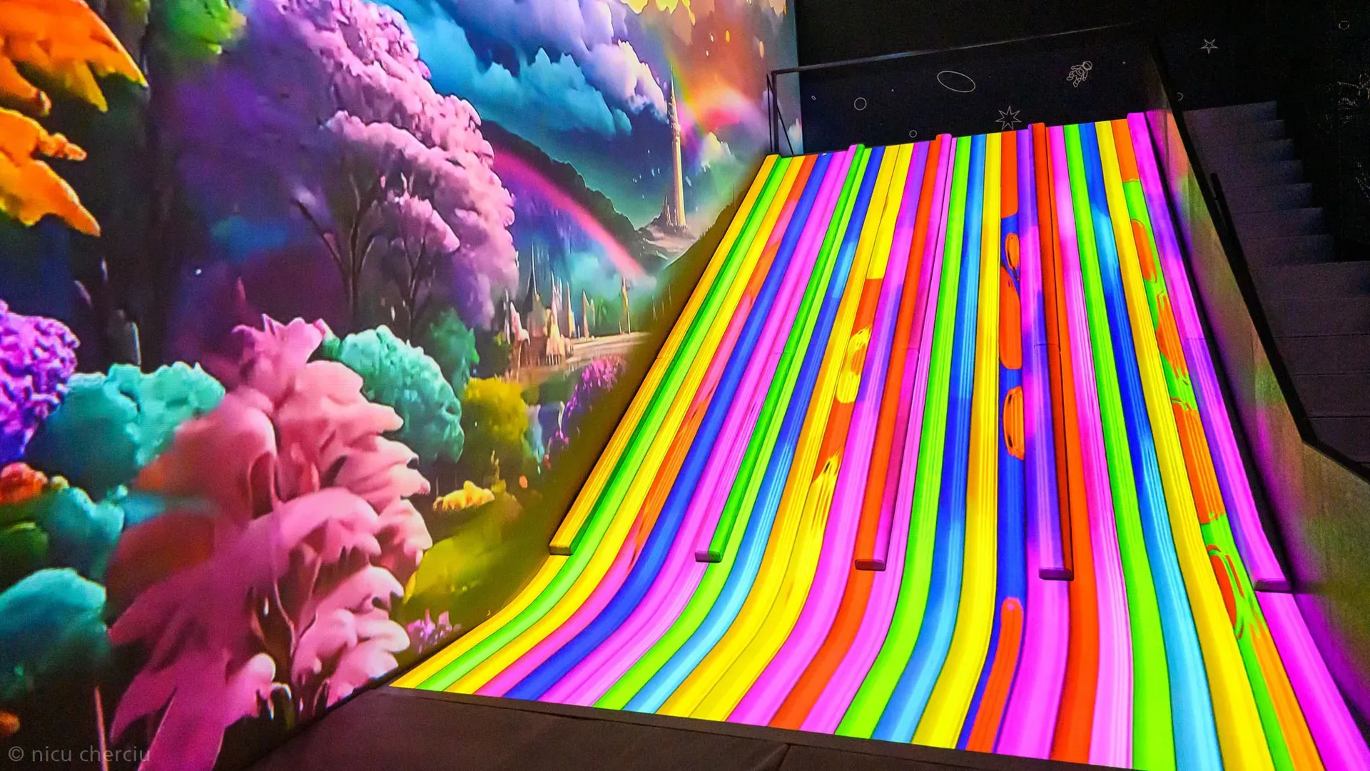 The illuminated slide in MINA Kids, the children’s space at MINA Cluj
