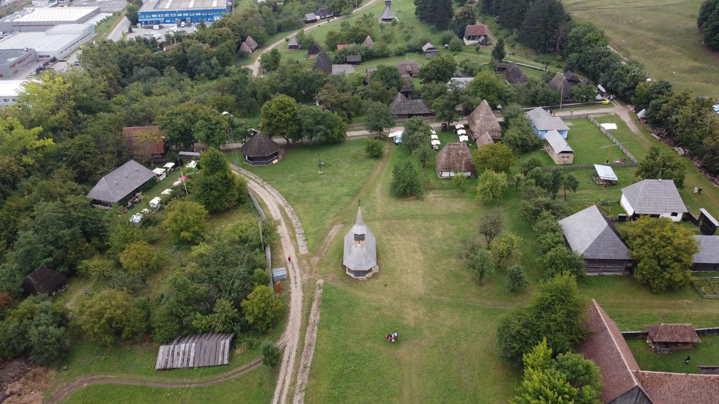 The “Romulus Vuia” National Ethnographic Park from above, with its farmsteads and wooden church
