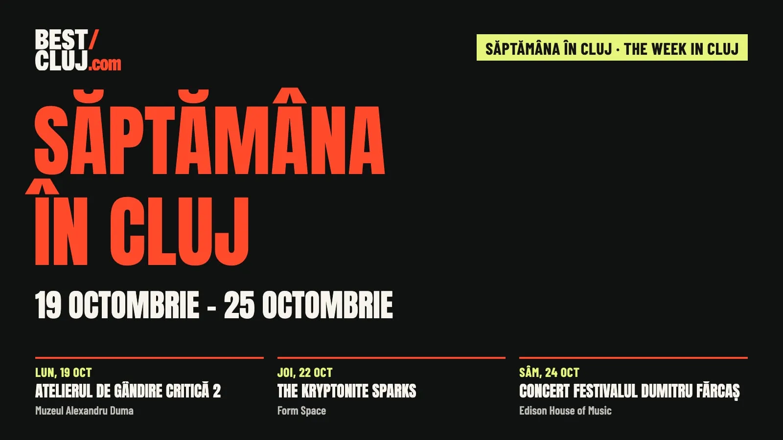 Coperta „Săptămâna în Cluj”, 19–25 octombrie, cu trei evenimente ale săptămânii