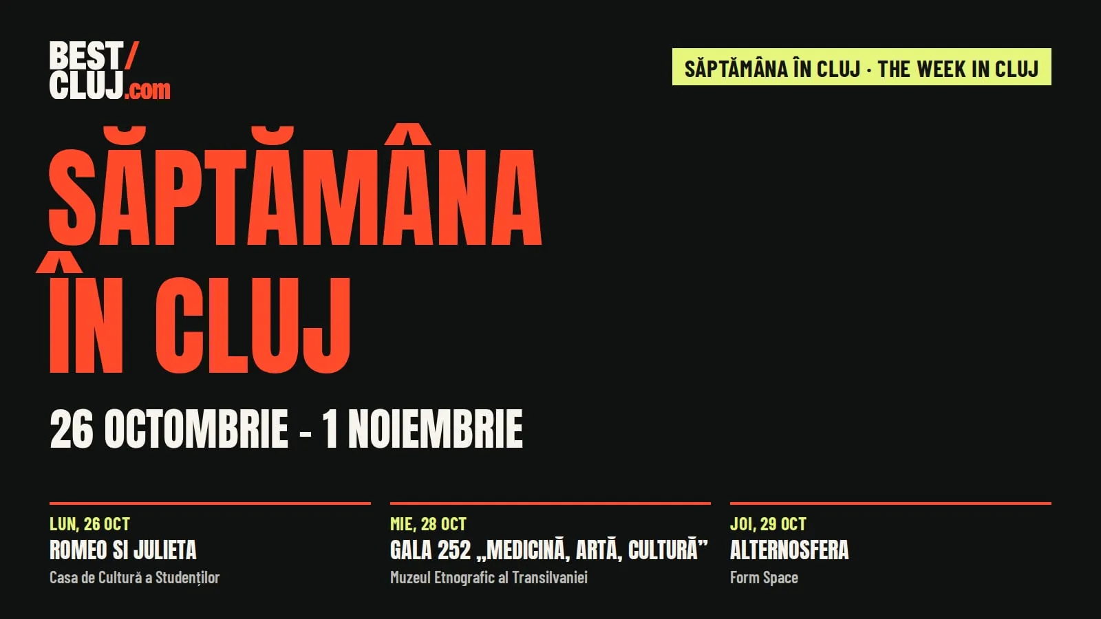 The cover of “The week in Cluj”, 26 October – 1 November, with three of its events