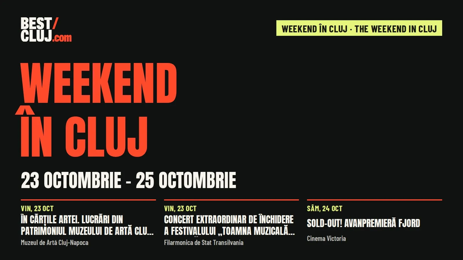 Coperta „Weekend în Cluj”, 23 octombrie – 25 octombrie, cu trei dintre evenimente