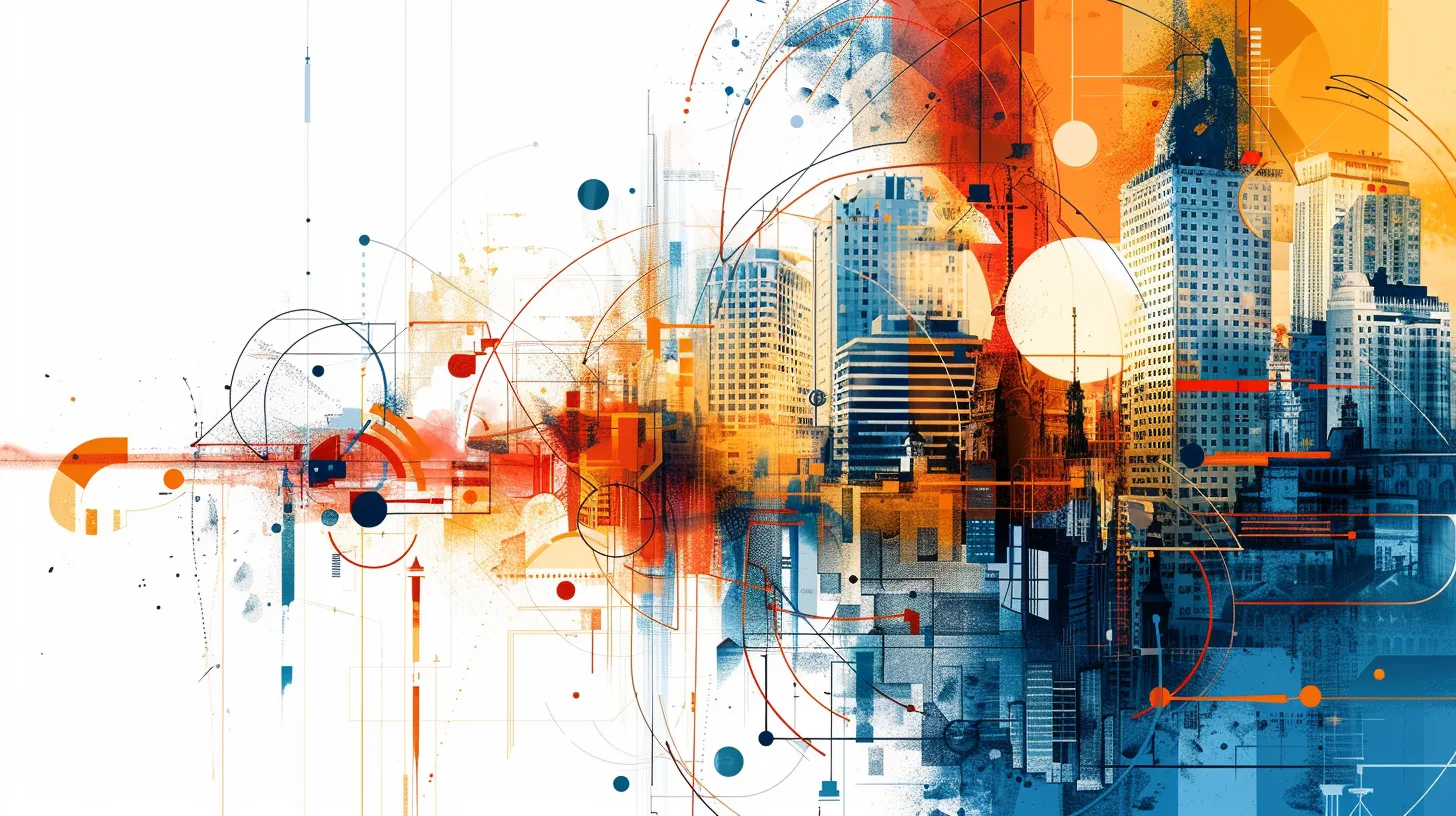 Abstract illustration of a city bursting into colour and geometric line work