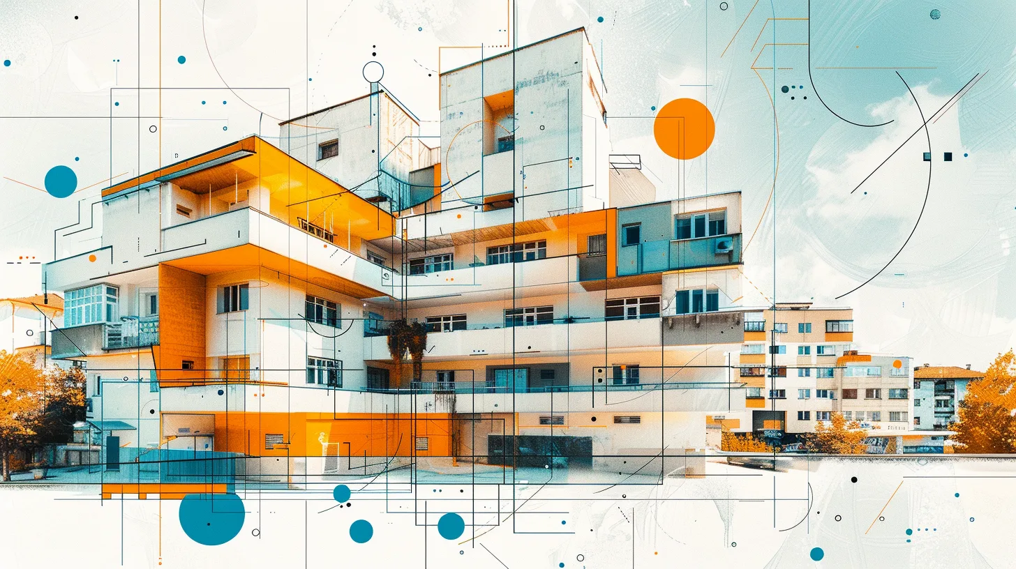 Illustration of a modernist building in white and amber