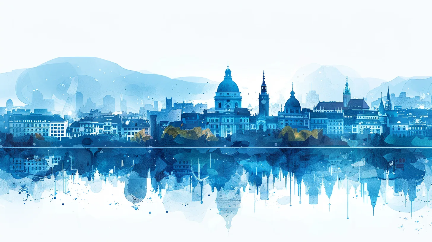 Watercolour illustration of a city skyline mirrored in still water